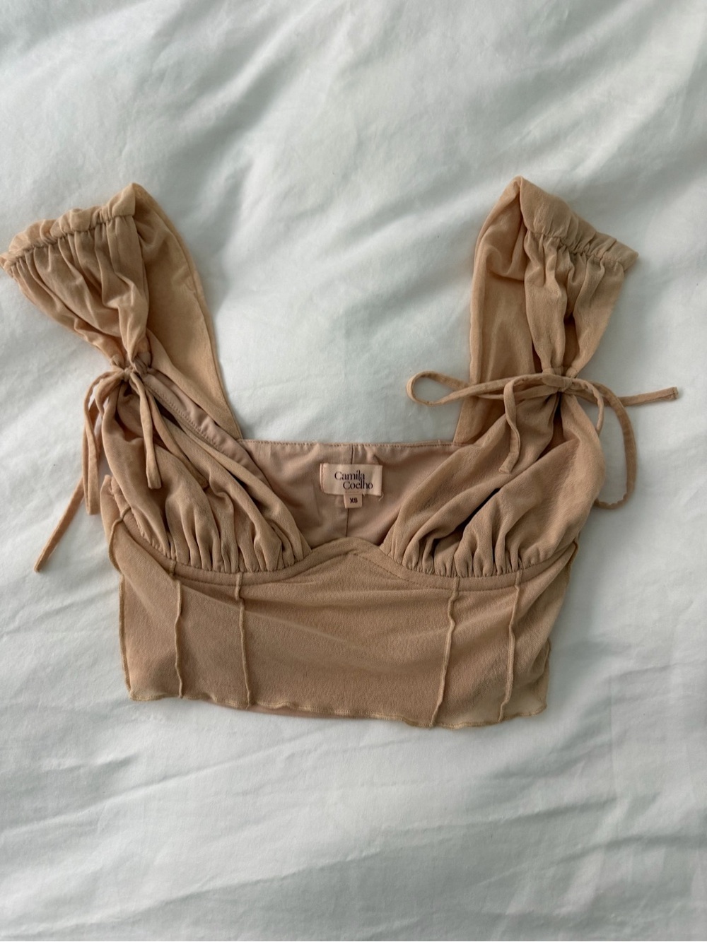 Camila Coelho Beige Tie-Shoulder Ruched Crop Top